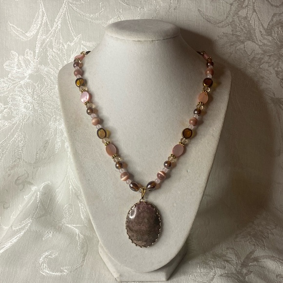 Real Diehl Jewelry Jewelry - Handcrafted Rhodonite Pendant and Shell, Stone, Glass Necklace